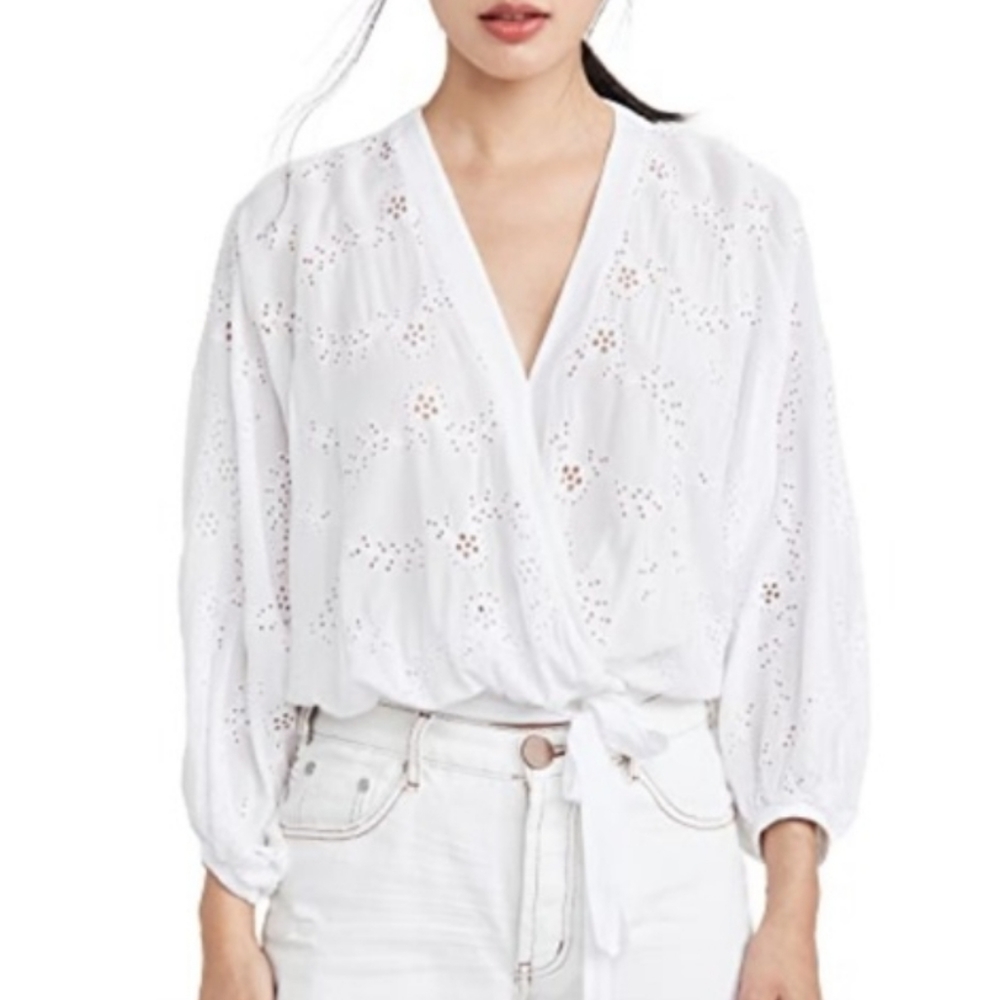 28) Young Fabulous & Broke Carmen Eyelet Tie Waist Top White Size M